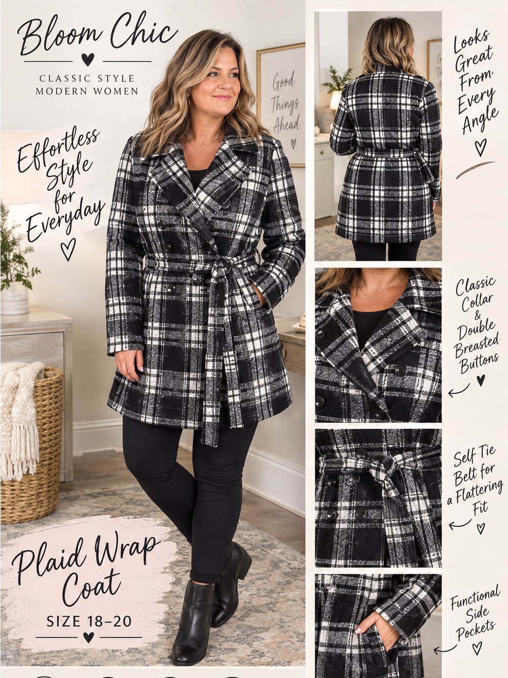 BloomChic Black and White Plaid Coat